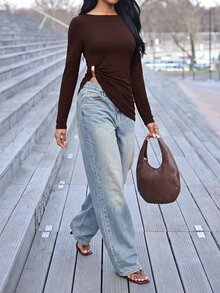Mima John Women Casual Coffee Brown Plain Knitted T-Shirt Long Sleeve High Neck Regular Length Asymmetrical Hem - Coffee Brown - View 5
