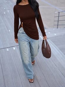 Mima John Women Casual Coffee Brown Plain Knitted T-Shirt Long Sleeve High Neck Regular Length Asymmetrical Hem - Coffee Brown - View 3