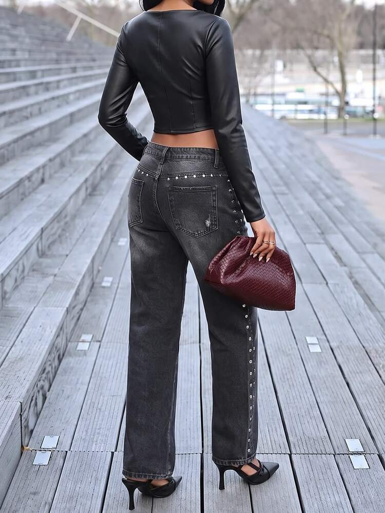 Mima John Women's Form-Fitting Off Shoulder PU Leather Long Sleeve T-Shirt, Autumn Fall Cloth For Women - Black - View 3