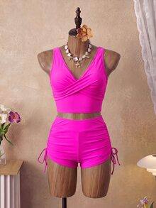 Swim Basics 女士純色交叉前扣文胸和短褲款休閒比基尼游泳服套裝，適用於假期 - 玫紅色 - 查看 4