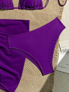 SHEIN Swim 3pcs Solid Color Bikini Set, Vacation Beach - Purple - View 6