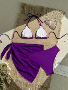 SHEIN Swim 3pcs Solid Color Bikini Set, Vacation Beach - Purple - View 2