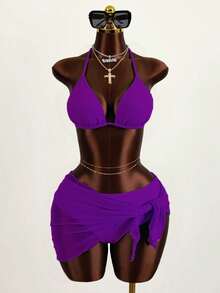 SHEIN Swim 3pcs Solid Color Bikini Set, Vacation Beach - Purple - View 3