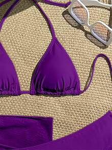 SHEIN Swim 3pcs Solid Color Bikini Set, Vacation Beach - Purple - View 5
