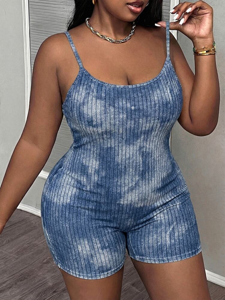 Slaydiva Casual Blue Tie-Dye Print Jumpsuit For Plus Size Women, Suitable For Summer, Y2K, Streetwear, Music Festivals - Multicolor - View 5