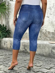 SHEIN Clasi [Denim Effect] 大尺碼女款休閒印花傳統正式度假風彈性腰藍色印花七分褲，夏季 - 彩色 - 查看 9