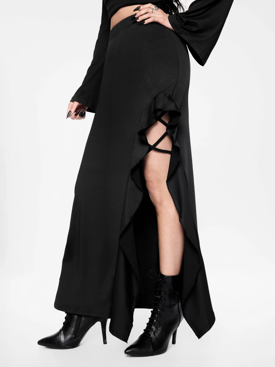 ROMWE Women's Ruffled Slit Hem Skirt - Black - View 1