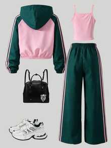 SHEIN 女童休閒 Band Swag 學生風拼色粉綠連帽拉鍊外套、粉色針織細肩帶背心、長褲，春夏秋冬套裝 - 軍綠色 - 查看 4