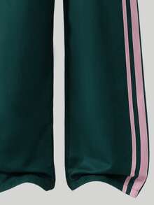 SHEIN 女童休閒 Band Swag 學生風拼色粉綠連帽拉鍊外套、粉色針織細肩帶背心、長褲，春夏秋冬套裝 - 軍綠色 - 查看 6