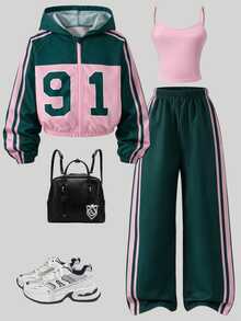 SHEIN 女童休閒 Band Swag 學生風拼色粉綠連帽拉鍊外套、粉色針織細肩帶背心、長褲，春夏秋冬套裝 - 軍綠色 - 查看 3