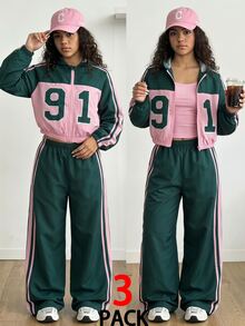 SHEIN 女童休閒 Band Swag 學生風拼色粉綠連帽拉鍊外套、粉色針織細肩帶背心、長褲，春夏秋冬套裝 - 軍綠色 - 查看 1