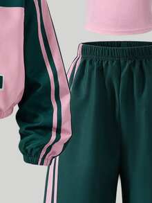 SHEIN 女童休閒 Band Swag 學生風拼色粉綠連帽拉鍊外套、粉色針織細肩帶背心、長褲，春夏秋冬套裝 - 軍綠色 - 查看 7