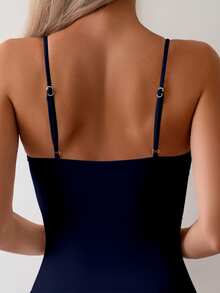 Swim Basics Solid Color One-Piece Swimsuit For Vacation & Beach For Summer - Navy Blue - View 4