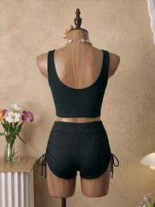 SHEIN Swim Conjunto De Bikini De Estilo De Chaleco De Color Sólido - Negro - Ver 5