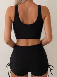 SHEIN Swim Conjunto De Bikini De Estilo De Chaleco De Color Sólido - Negro - Ver 2