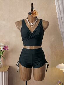 SHEIN Swim Conjunto De Bikini De Estilo De Chaleco De Color Sólido - Negro - Ver 4