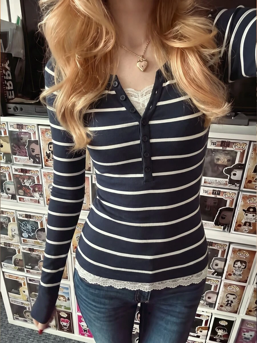 IslaSuriya Kaos Wanita Lengan Panjang Slim Fit dengan Kerah Setengah Terbuka Bergaris - MultiWarna - View 1