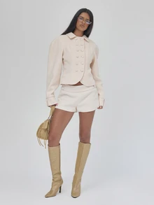 MUSERA Button Detail Wool Style Hidden Side Zipper Mini Coord Shorts Fall Autumn Winter Coolgirl Back To School Blancs - Cream - View 5