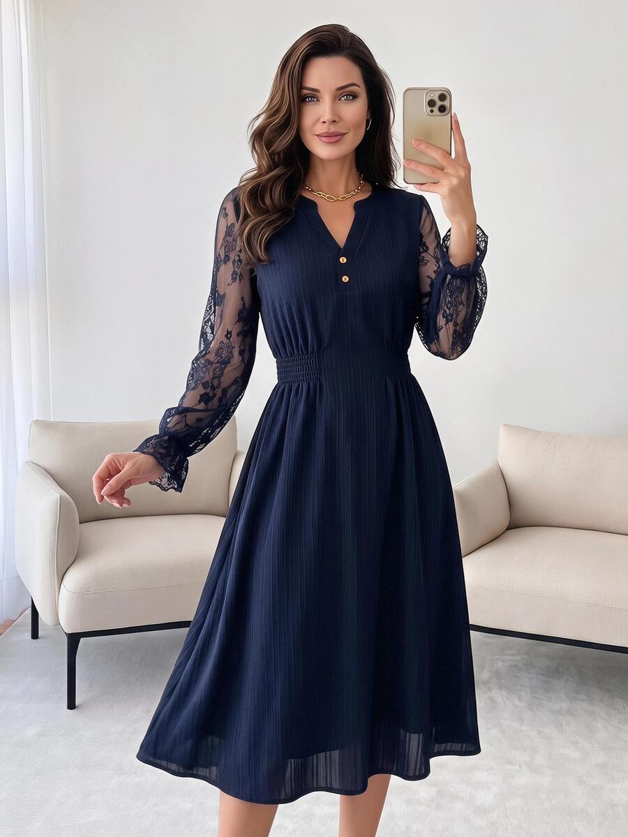 Medorina Elegant Chic Style, Lace Hollow Ruffle, Long Sleeve Dress, Textured Navy Blue, Slim A-Line Fit, Wedding Guest Party, Christmas, Fall Winter - Navy Blue - View 1