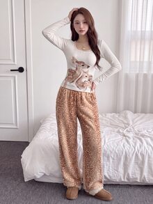 Comfortcana Women's New Leopard Print Plush Warm Loose Fit Long Pants - Multicolor - View 6
