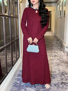 Feyla 女款優雅紋理洋裝與水鑽裝飾外套兩件套 - 酒紅色 - 查看 4
