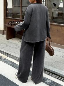 Muchica Plus Size Pocket Long Sleeve Top And Loose Pants 2 Pieces Set - Dark Grey - View 6