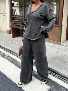Muchica Plus Size Pocket Long Sleeve Top And Loose Pants 2 Pieces Set - Dark Grey - View 5