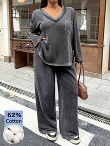 Muchica Plus Size Pocket Long Sleeve Top And Loose Pants 2 Pieces Set - Dark Grey - View 1