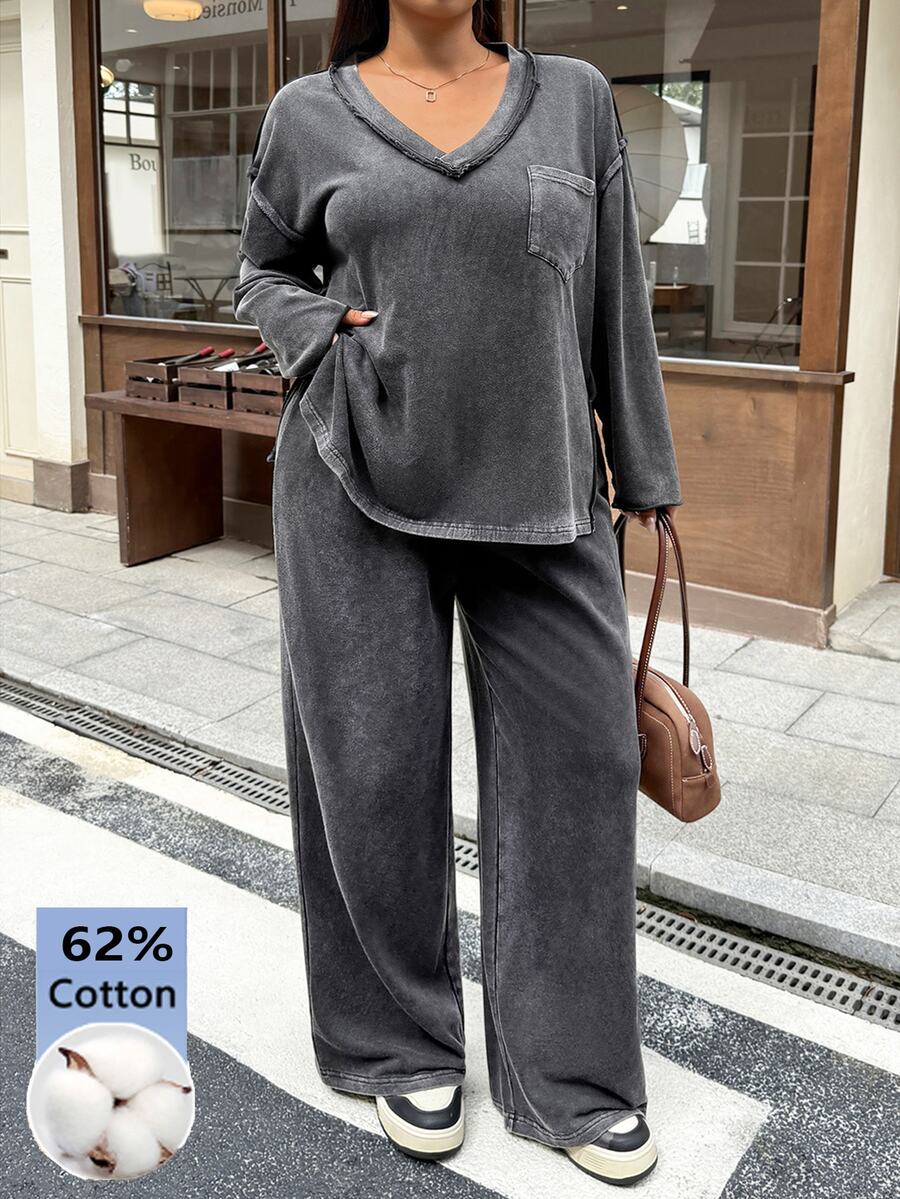Muchica Plus Size Pocket Long Sleeve Top And Loose Pants 2 Pieces Set - Dark Grey - View 1