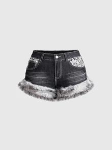 ROMWE Vintage Y2K Leopard Print Fuzzy Patchwork Ultra Low Waist Mini Denim Shorts For Women, Autumn/Winter - Grey - View 2