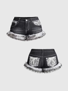 ROMWE Vintage Y2K Leopard Print Fuzzy Patchwork Ultra Low Waist Mini Denim Shorts For Women, Autumn/Winter - Grey - View 1