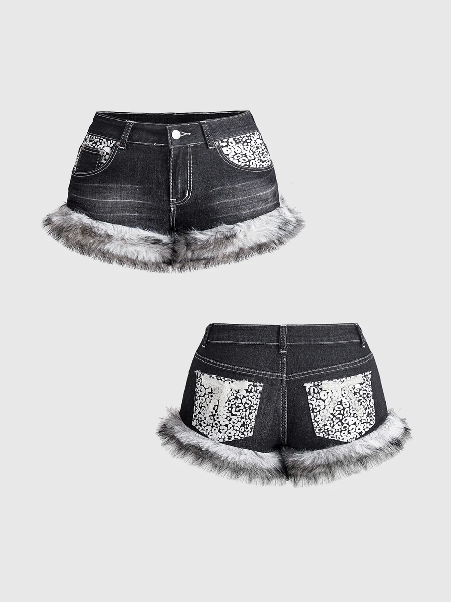 ROMWE Vintage Y2K Leopard Print Fuzzy Patchwork Ultra Low Waist Mini Denim Shorts For Women, Autumn/Winter - Grey - View 1