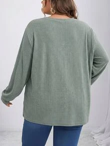 SHEIN CURVE+ Women Plus Size T-Shirt 22W, Autumn/Winter Solid Color Ribbed Comfortable Crew Neck Long Sleeve Casual T-Shirt Fall - Green - View 4
