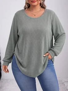 SHEIN CURVE+ Women Plus Size T-Shirt 22W, Autumn/Winter Solid Color Ribbed Comfortable Crew Neck Long Sleeve Casual T-Shirt Fall - Green - View 3