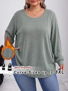 SHEIN CURVE+ Women Plus Size T-Shirt 22W, Autumn/Winter Solid Color Ribbed Comfortable Crew Neck Long Sleeve Casual T-Shirt Fall - Green - View 5