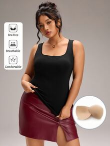 EMERY ROSE Plus Size Bra Free Breathable Comfortable Black Square Neck Tank Top For Women Fall/Winter - Black - View 1