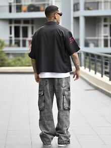 Devon Thys 男士休闲标语印花短袖衬衫，夏季 - 黑色 - 查看 2
