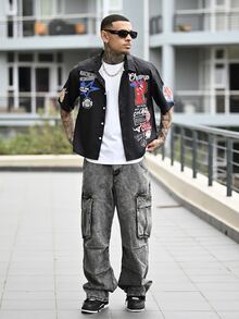 Devon Thys 男士休闲标语印花短袖衬衫，夏季 - 黑色 - 查看 6