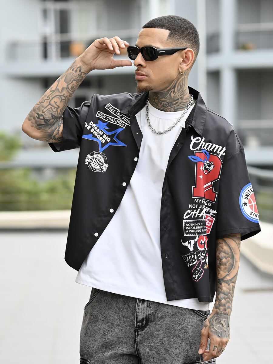 Devon Thys 男士休闲标语印花短袖衬衫,夏季 - 黑色 - 查看 1