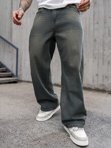 Artur Kramer 1件 Justice Brother 休闲百搭情侣做旧复古水洗宽松阔腿牛仔裤 - 藍色 - 查看 5