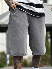 Devon Thys Men's Light Blue Washed Denim Loose Casual Shorts Jorts - Light Grey - View 3