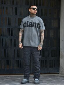 Devon Thys 男士水洗纯色黑灰拼接弹力直筒宽松韩版Y2K牛仔裤 - 灰色 - 查看 2