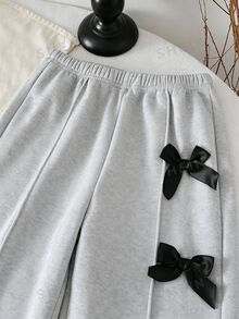 Young Girls New Fashion Grey Round Neck Long Sleeve Top With Wide Leg Pants Bow Decor 2 Pieces Set Autumn/Winter - Grey - View 6