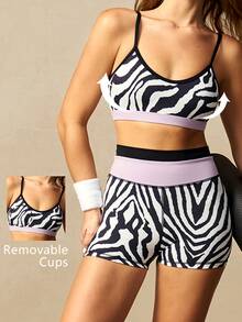VARSIVA Set Pakaian Olahraga Wanita: Atasan Camisole Motif Zebra dan Celana Pendek Warna Kontras - MultiWarna - View 5