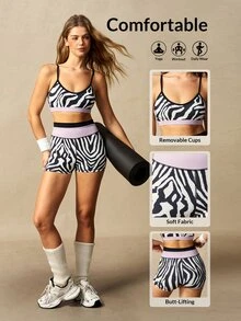VARSIVA Set Pakaian Olahraga Wanita: Atasan Camisole Motif Zebra dan Celana Pendek Warna Kontras - MultiWarna - View 14