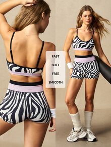 VARSIVA Set Pakaian Olahraga Wanita: Atasan Camisole Motif Zebra dan Celana Pendek Warna Kontras - MultiWarna - View 1