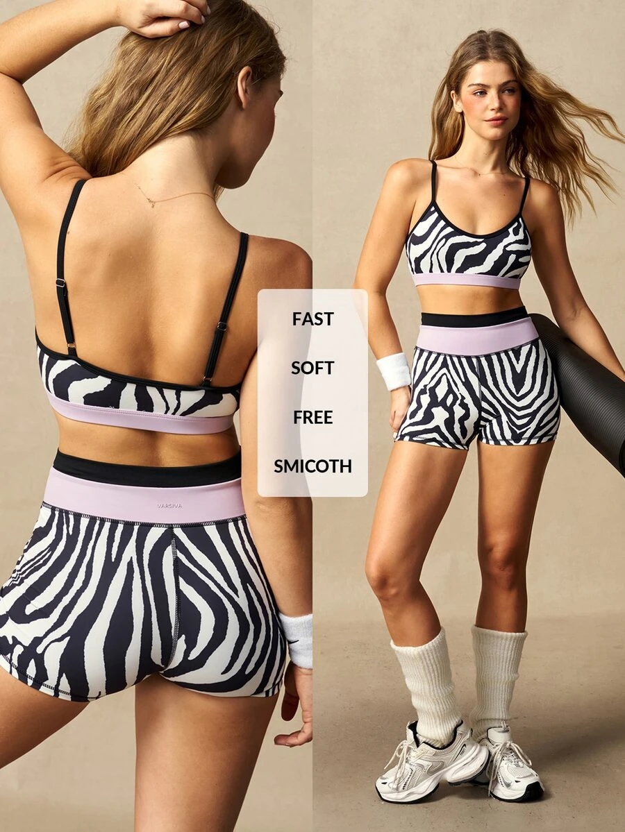 VARSIVA Set Pakaian Olahraga Wanita: Atasan Camisole Motif Zebra dan Celana Pendek Warna Kontras - MultiWarna - View 1