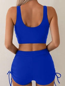 Swim Basics Women Summer Beach Solid Cross Back Bikini Top And Drawstring Swim Shorts Bikini Set For Vacation - Royal Blue - View 2