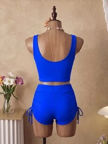 Swim Basics Women Summer Beach Solid Cross Back Bikini Top And Drawstring Swim Shorts Bikini Set For Vacation - Royal Blue - View 4