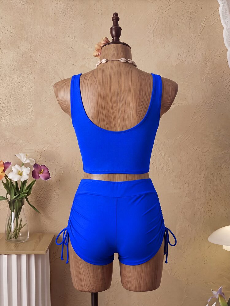 Swim Basics Women Summer Beach Solid Cross Back Bikini Top And Drawstring Swim Shorts Bikini Set For Vacation - Royal Blue - View 4